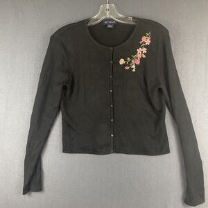 Ann Taylor Silk Black Floral Embroidery Cropped Cardigan Sweater Sz M 90s Preppy